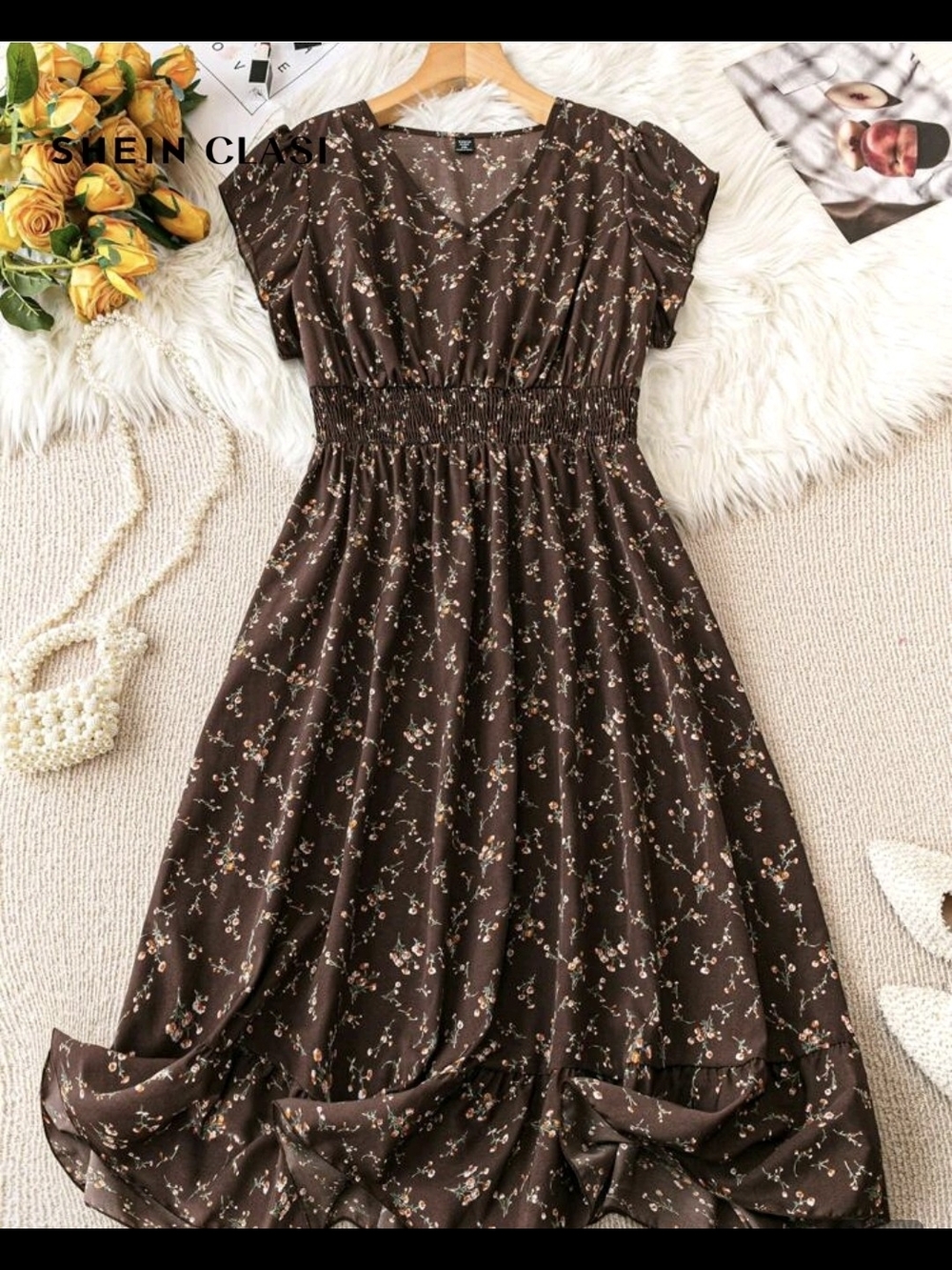 SHEIN Brown Floral Smocked Midi Dress